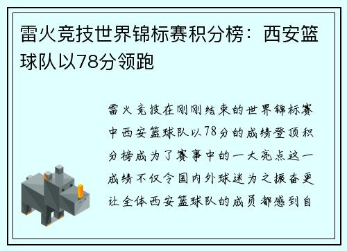 雷火竞技世界锦标赛积分榜：西安篮球队以78分领跑